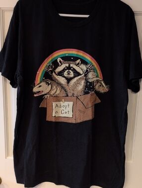 Wicked Black Graphic Tee with Raccoon and Rainbow "Adopt a Cat"
